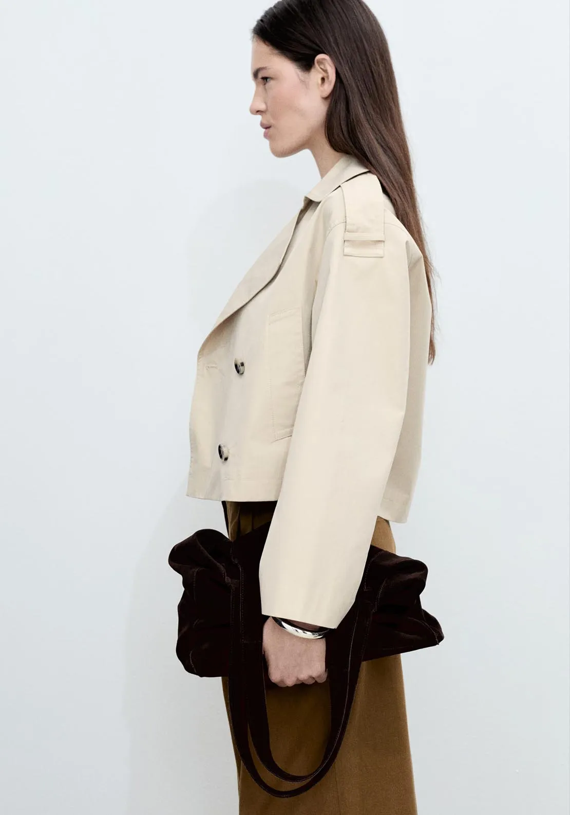 Double-breasted cropped trench coat - Light/pastel Gray