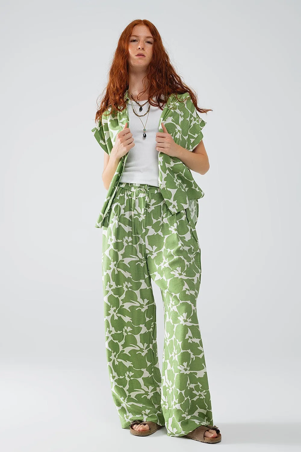 Elasticated Waist WIde Leg Pants With Green Floral Print