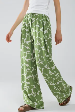 Elasticated Waist WIde Leg Pants With Green Floral Print