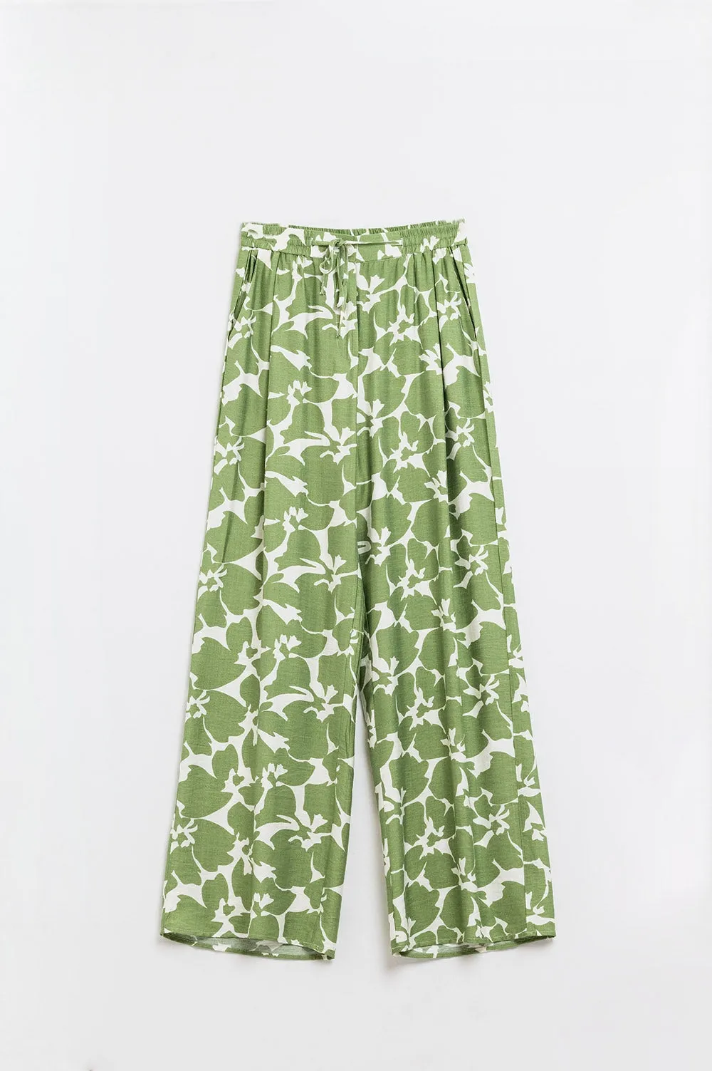 Elasticated Waist WIde Leg Pants With Green Floral Print