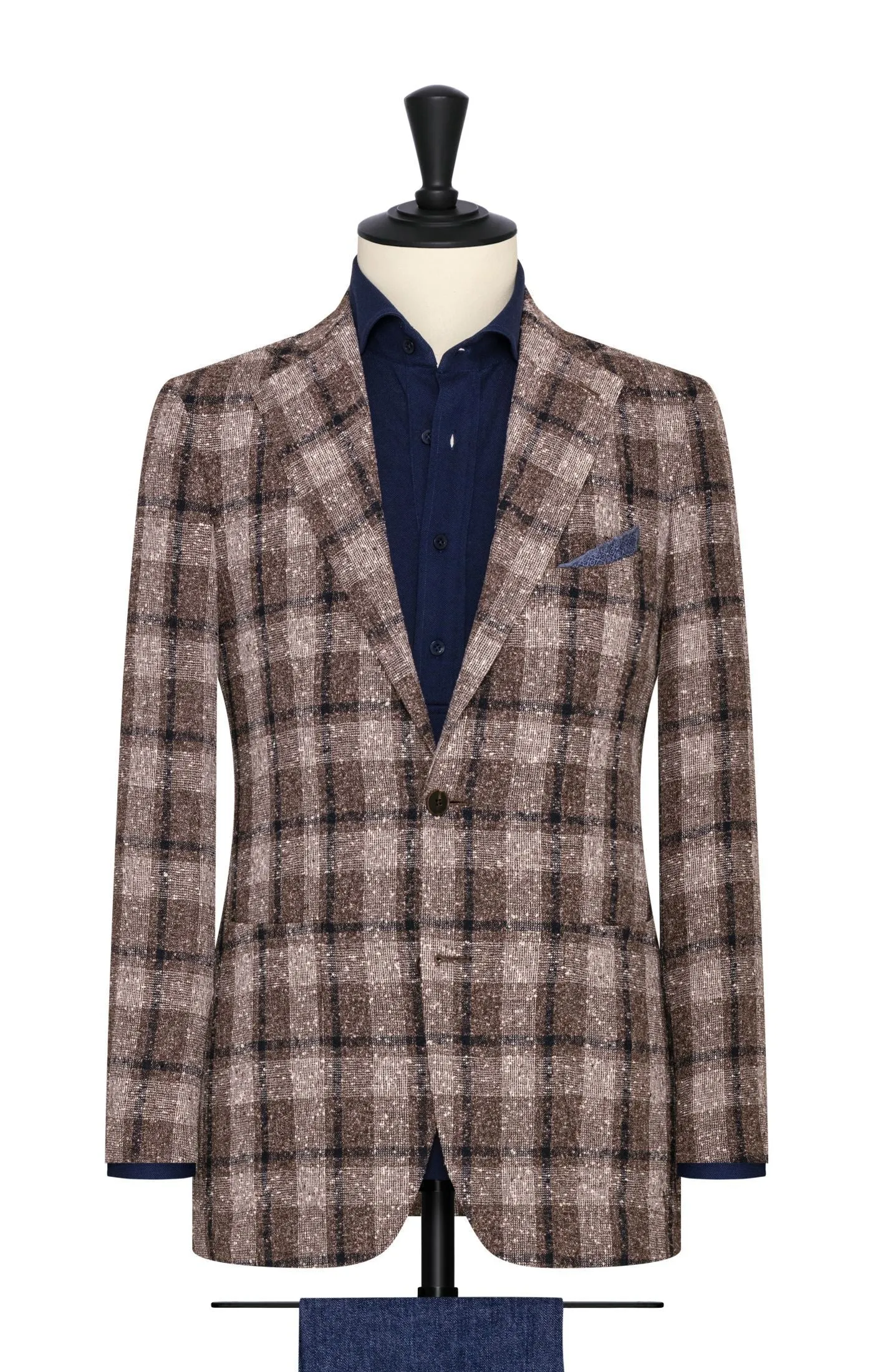 Ferla Taupe & Ivory Navy Linen Blend Slubbed Open Weave with Glencheck