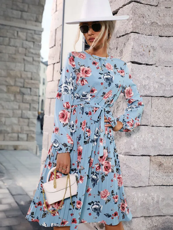 Floral Print Long Sleeve Dress with Ruffled Hem and Belted Waist