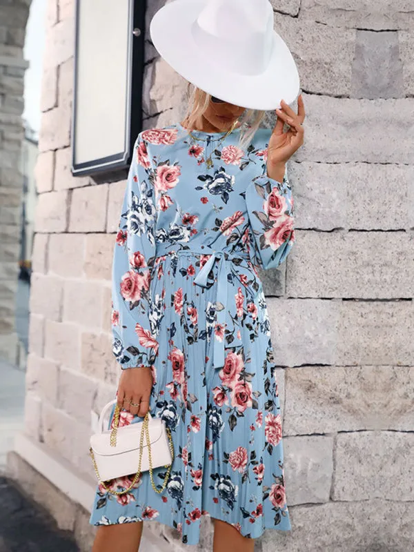 Floral Print Long Sleeve Dress with Ruffled Hem and Belted Waist