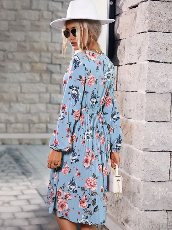 Floral Print Long Sleeve Dress with Ruffled Hem and Belted Waist