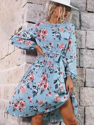Floral Print Long Sleeve Dress with Ruffled Hem and Belted Waist