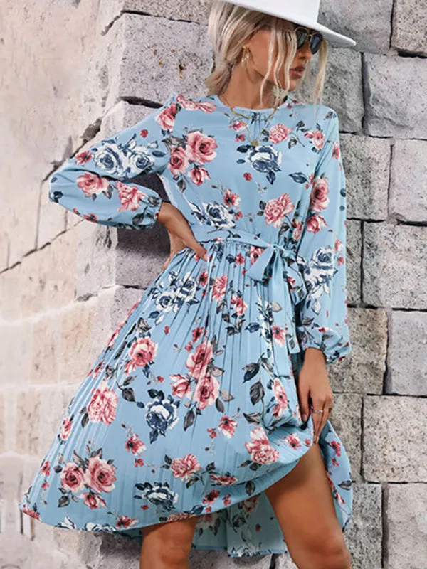 Floral Print Long Sleeve Dress with Ruffled Hem and Belted Waist
