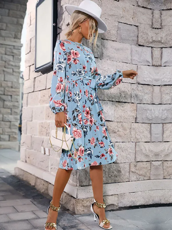 Floral Print Long Sleeve Dress with Ruffled Hem and Belted Waist