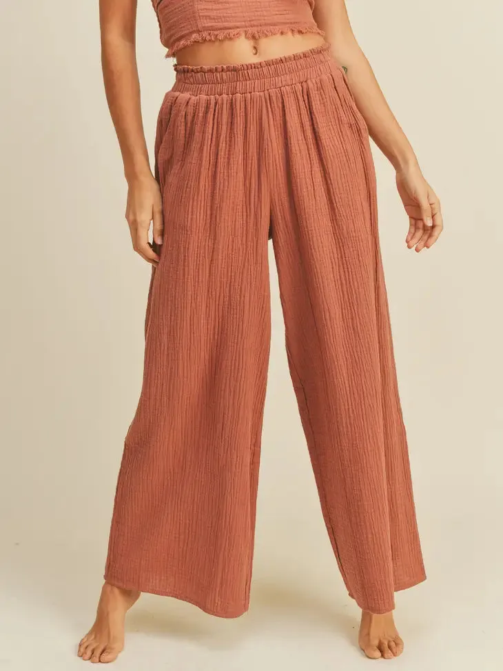 Fun Chic Brick Gauze Wide Leg Pants
