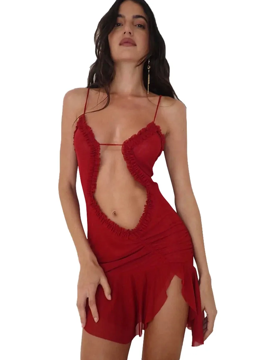 Furry Halter Split Wave Sleeveless Hollow Dress