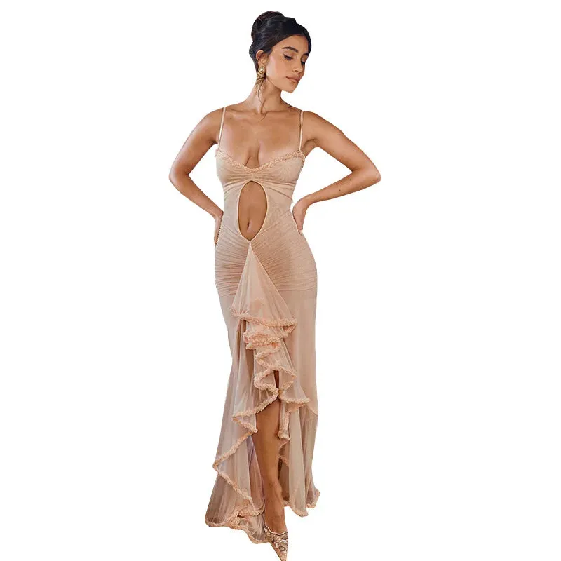 Furry Halter Split Wave Sleeveless Hollow Dress