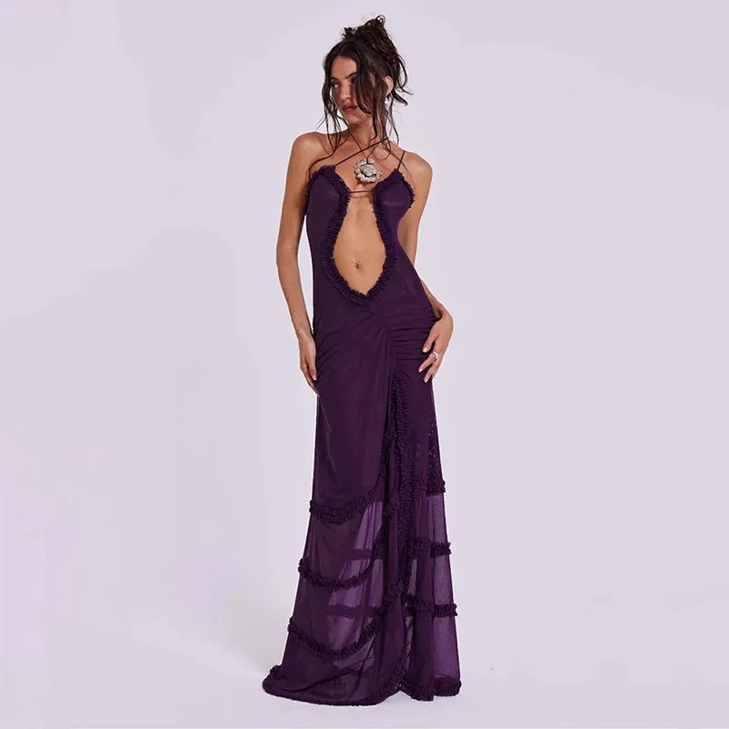 Furry Halter Split Wave Sleeveless Hollow Dress