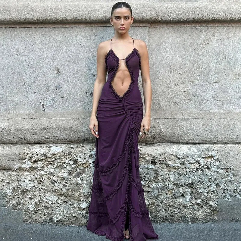Furry Halter Split Wave Sleeveless Hollow Dress