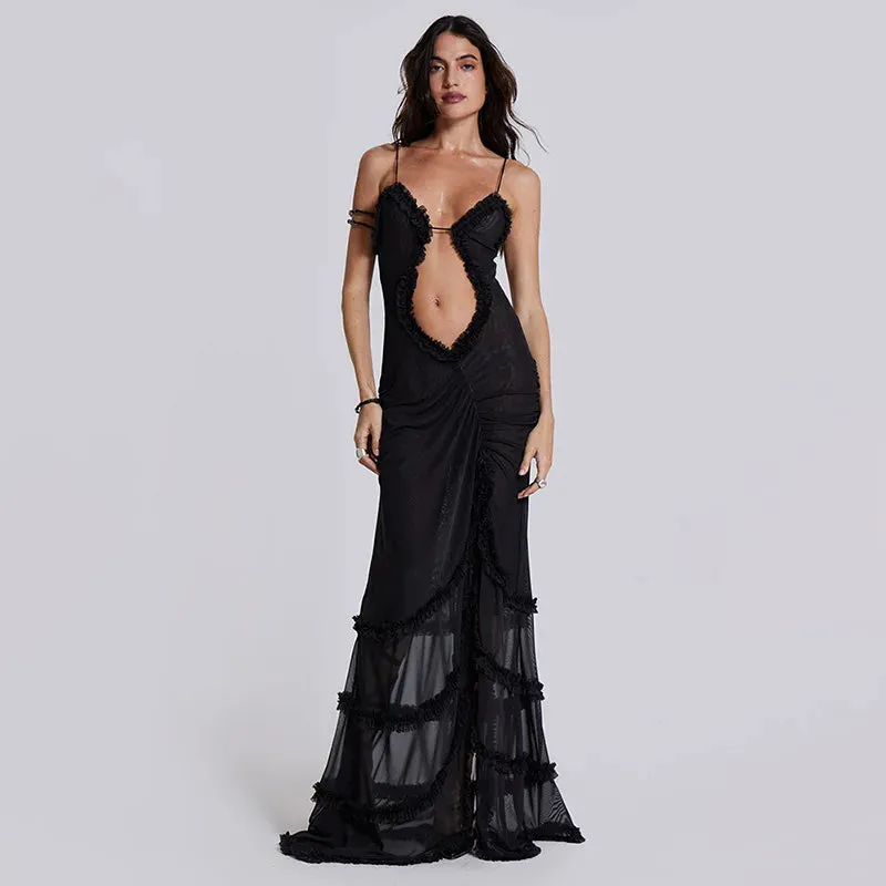 Furry Halter Split Wave Sleeveless Hollow Dress