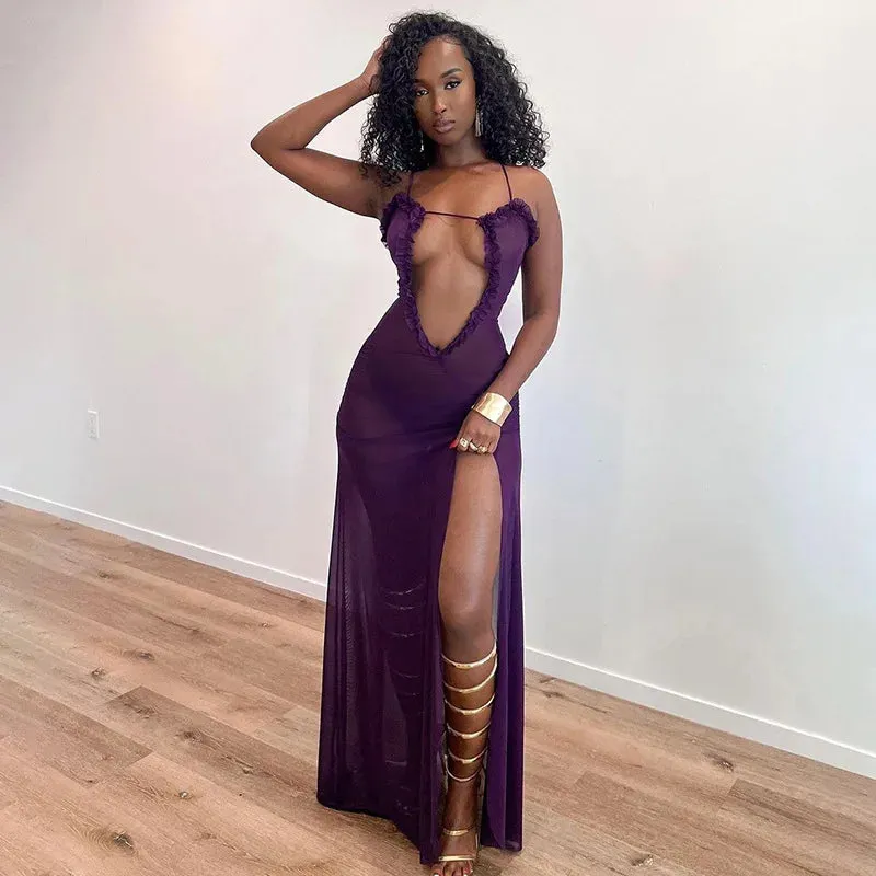 Furry Halter Split Wave Sleeveless Hollow Dress