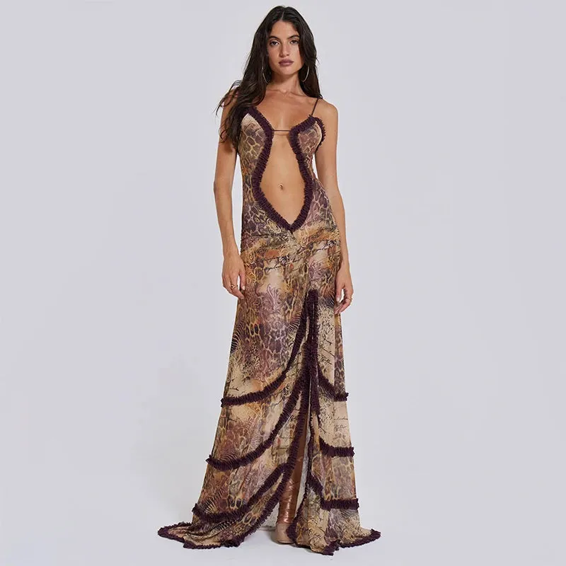 Furry Halter Split Wave Sleeveless Hollow Dress