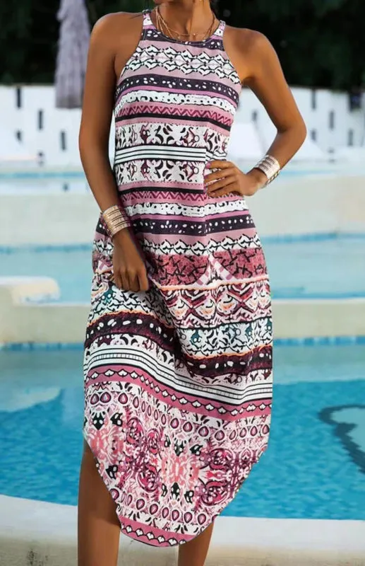Geometric Print Midi Dress with Sleeveless Crew Neck