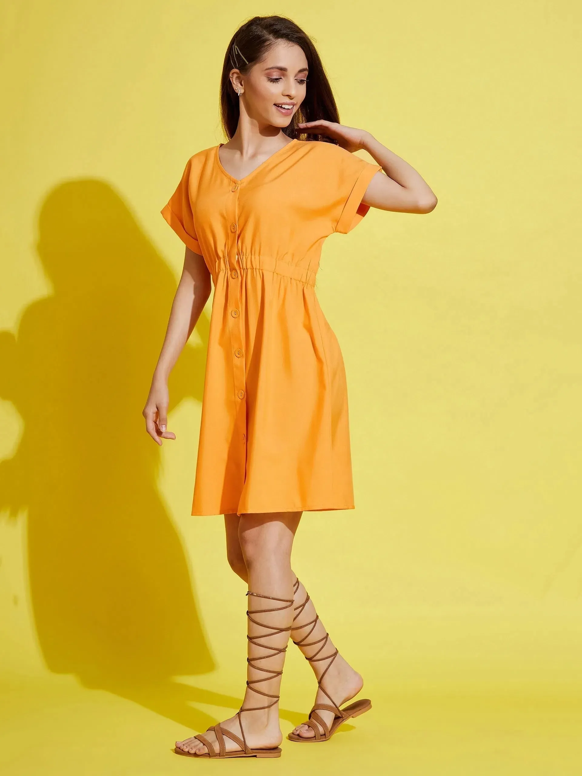 Girls Orange Front Button Boxy Dress