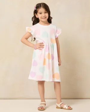 Girls White Heart Frill Sleeve Boxy Knit Dress