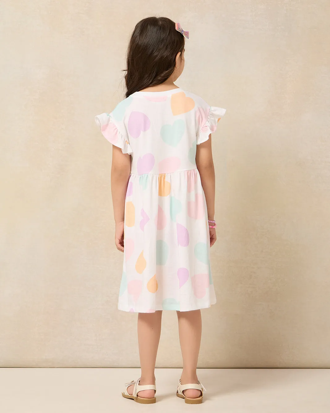 Girls White Heart Frill Sleeve Boxy Knit Dress
