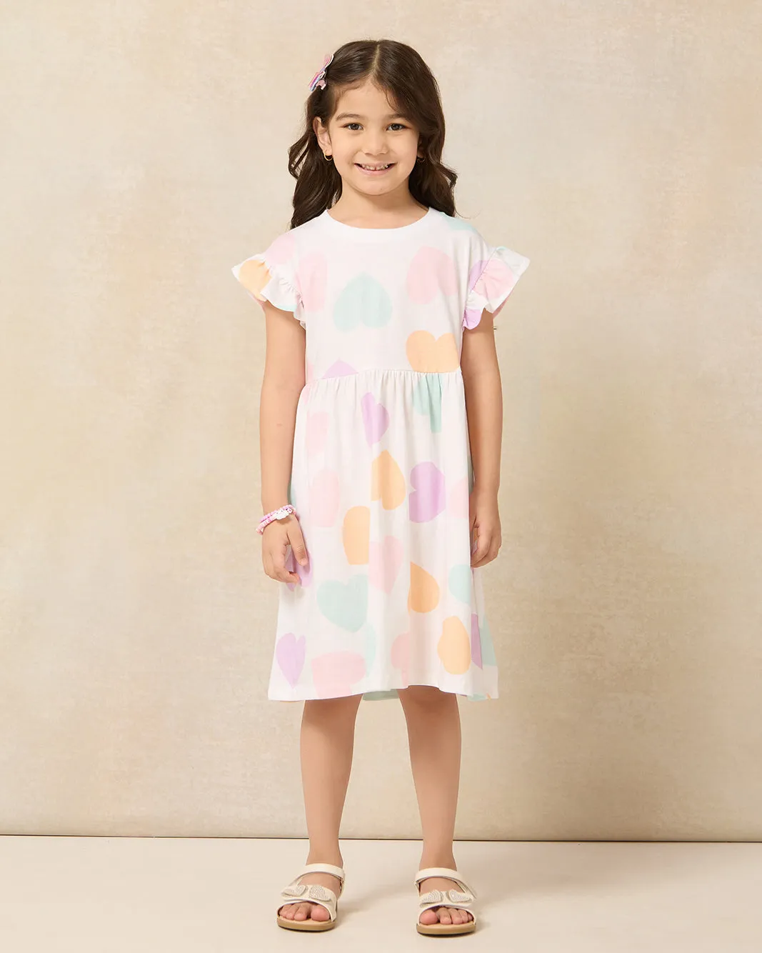 Girls White Heart Frill Sleeve Boxy Knit Dress