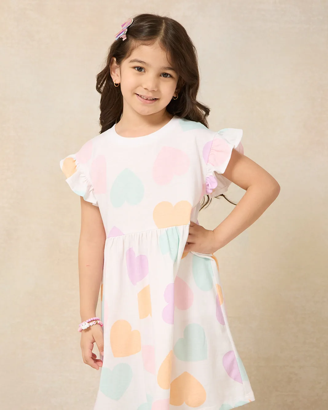 Girls White Heart Frill Sleeve Boxy Knit Dress