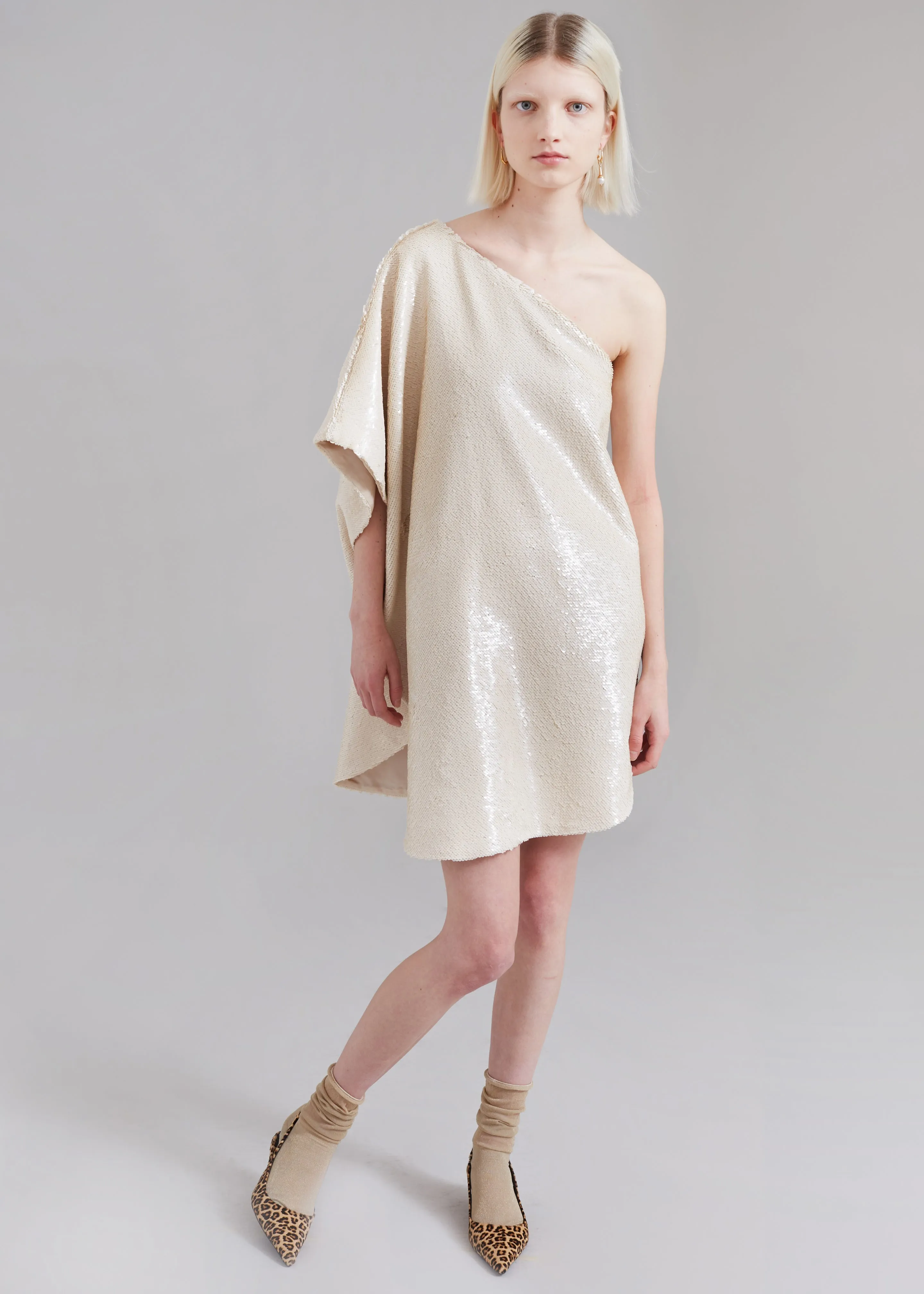 Gloria Sequins One Shoulder Dress - Cream
