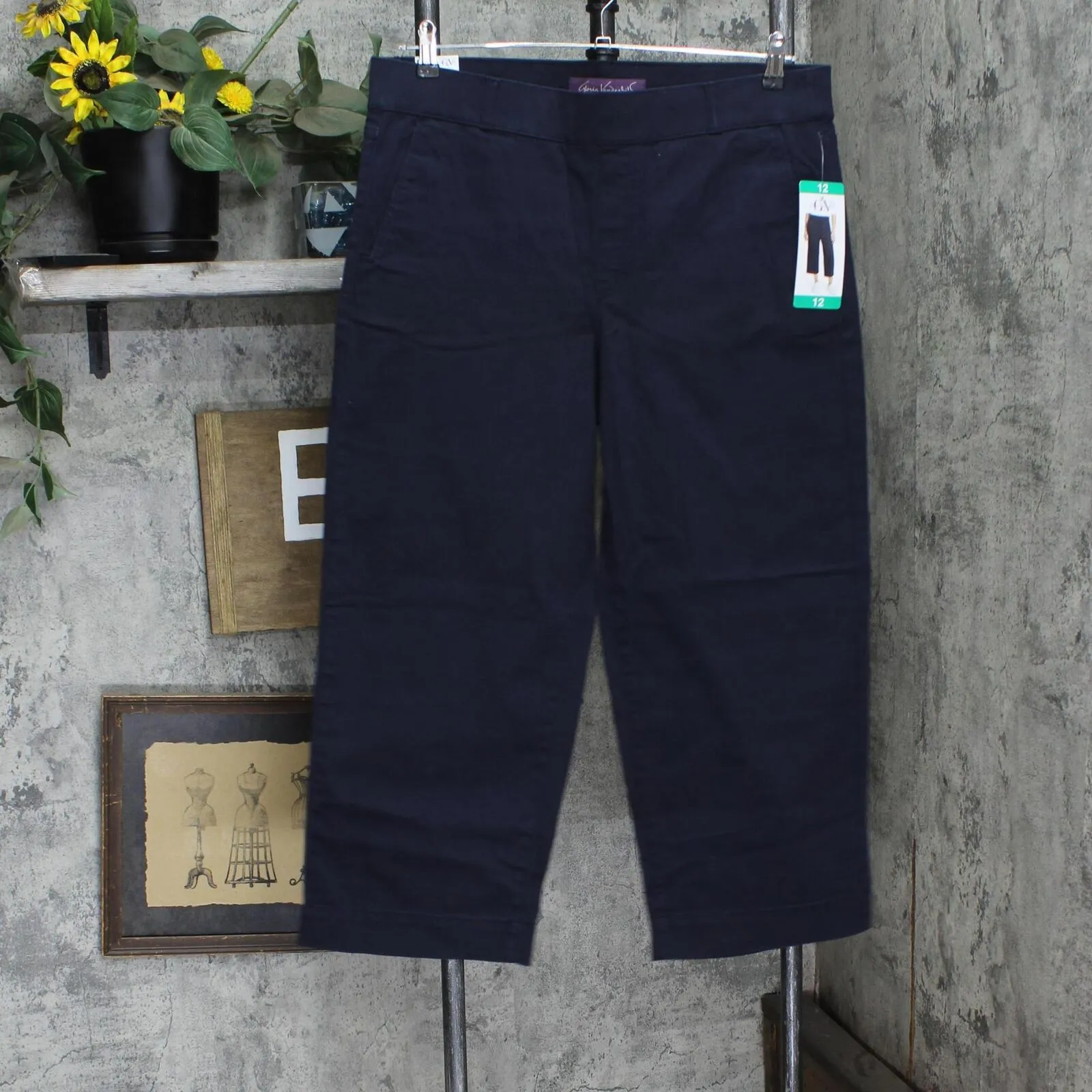 Gloria Vanderbilt Womens Pull On Wide Leg Cropped Pants 1797444 Navy Blue 12