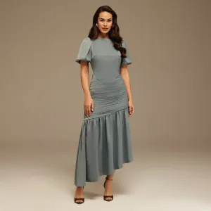 Grayish Blue Puff Short Sleeves With Asymmetrical Hem Dress