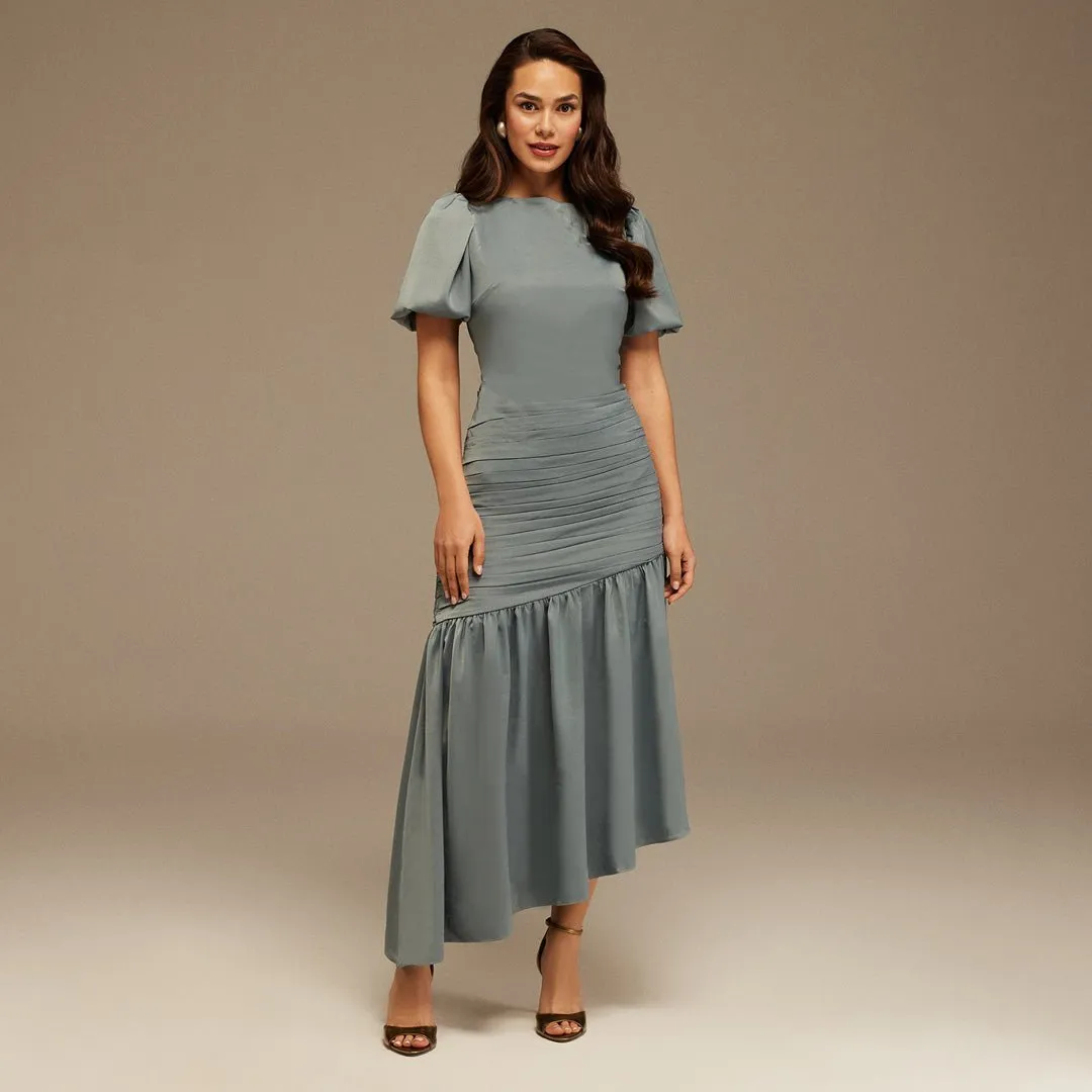 Grayish Blue Puff Short Sleeves With Asymmetrical Hem Dress