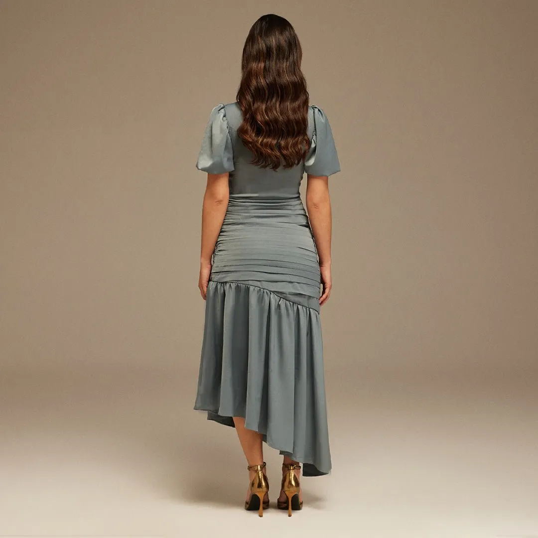 Grayish Blue Puff Short Sleeves With Asymmetrical Hem Dress