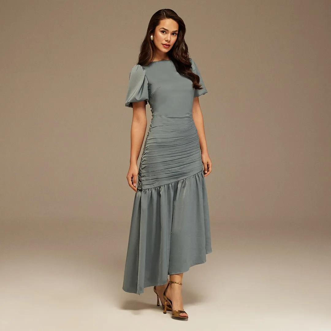 Grayish Blue Puff Short Sleeves With Asymmetrical Hem Dress