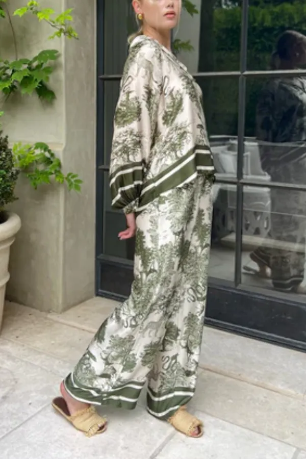Green Jungle Print Wide-Leg Pants