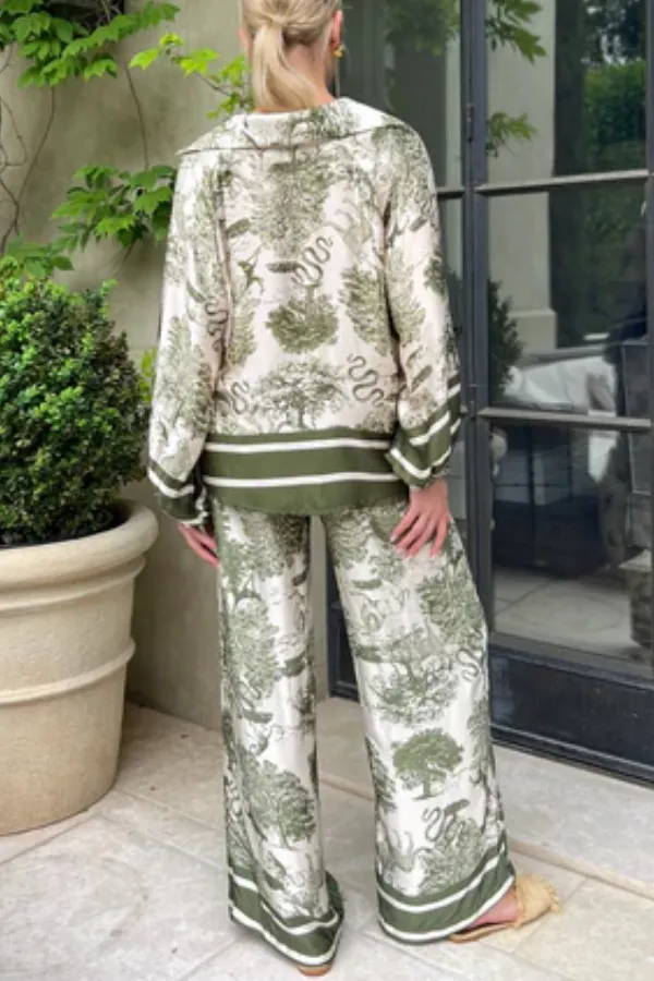 Green Jungle Print Wide-Leg Pants