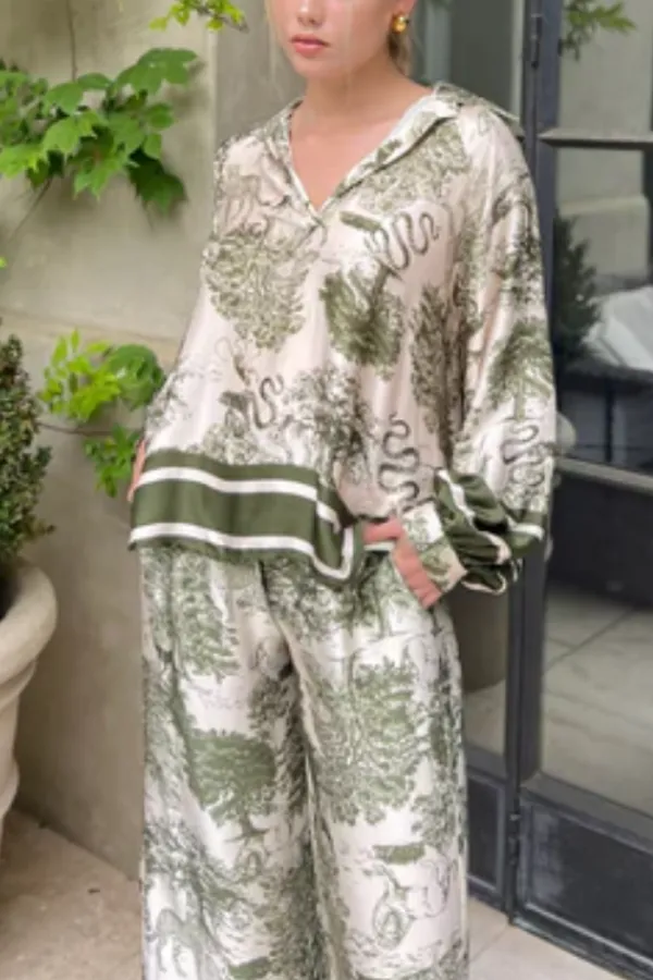 Green Jungle Print Wide-Leg Pants