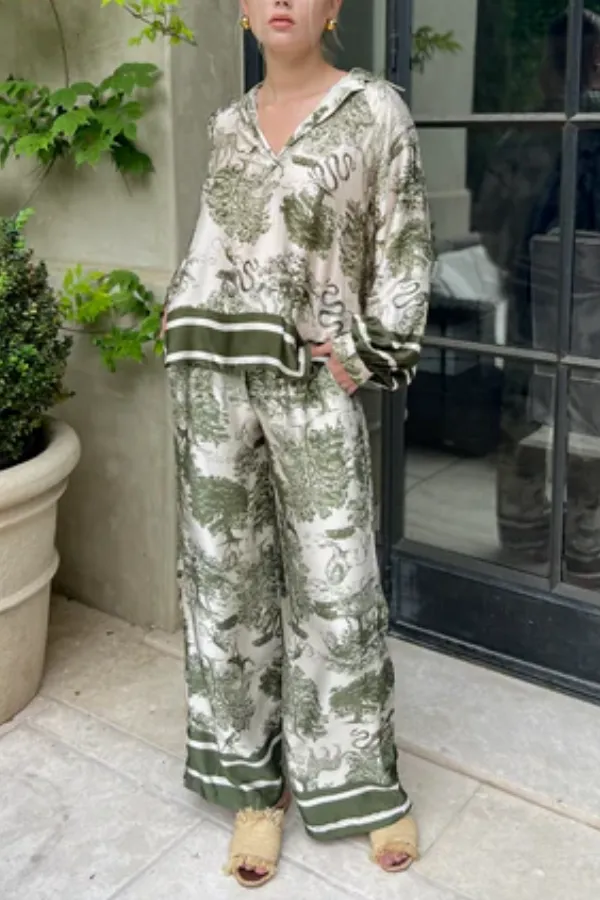 Green Jungle Print Wide-Leg Pants