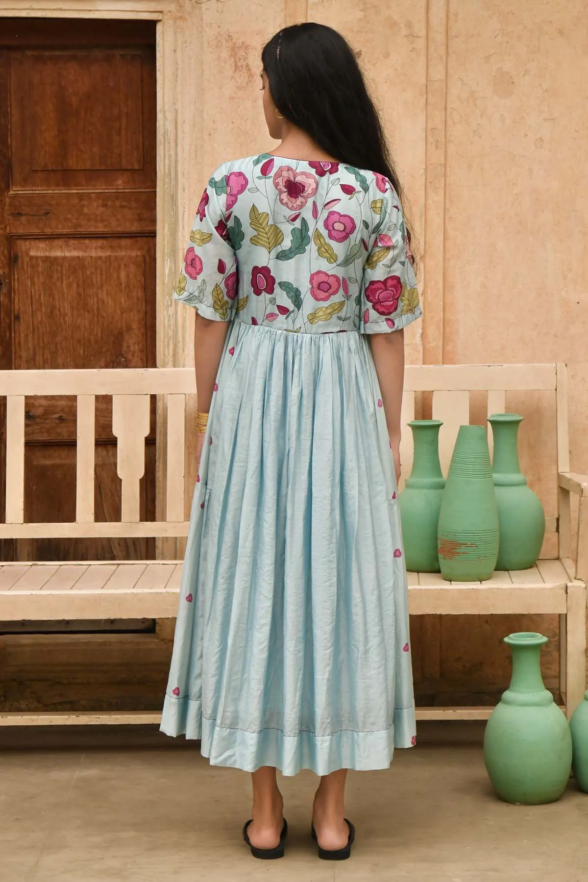 Grey Chanderi Silk Print Dress