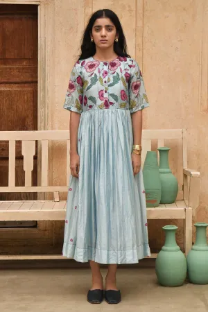 Grey Chanderi Silk Print Dress