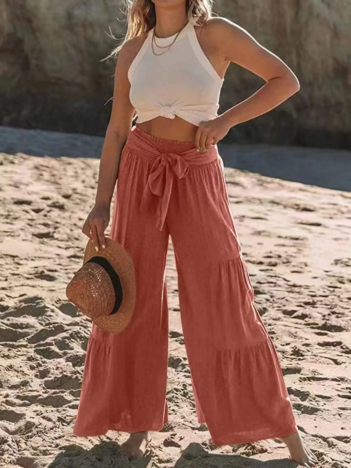 GYPSY - Tied Ruched Wide Leg Pants