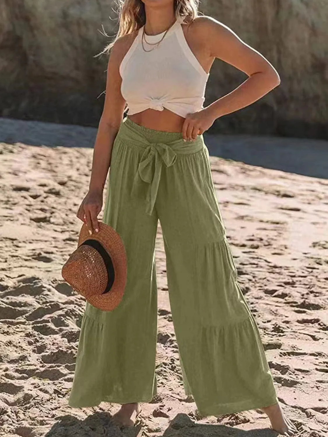 GYPSY - Tied Ruched Wide Leg Pants