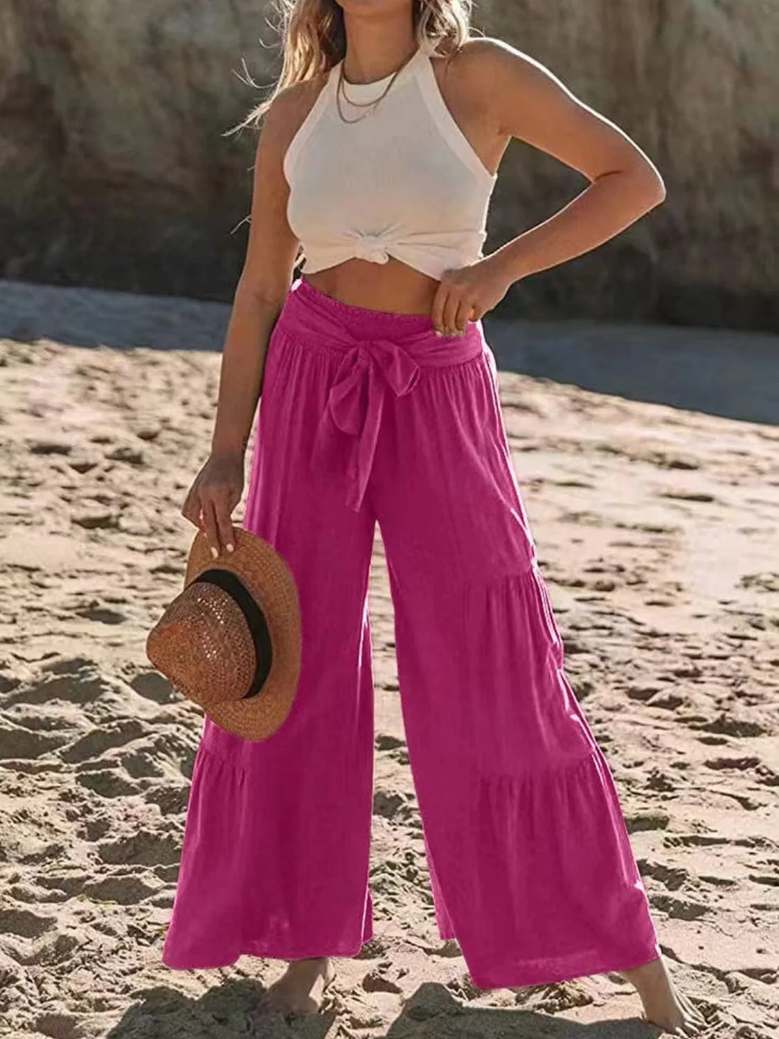 GYPSY - Tied Ruched Wide Leg Pants