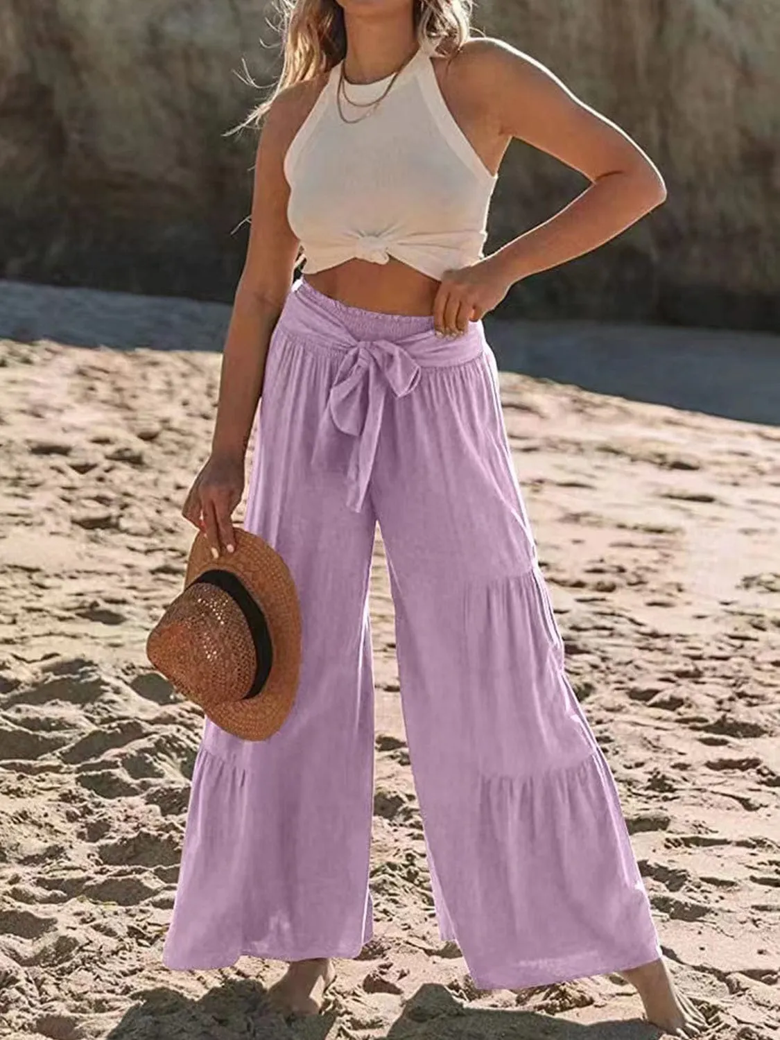 GYPSY - Tied Ruched Wide Leg Pants