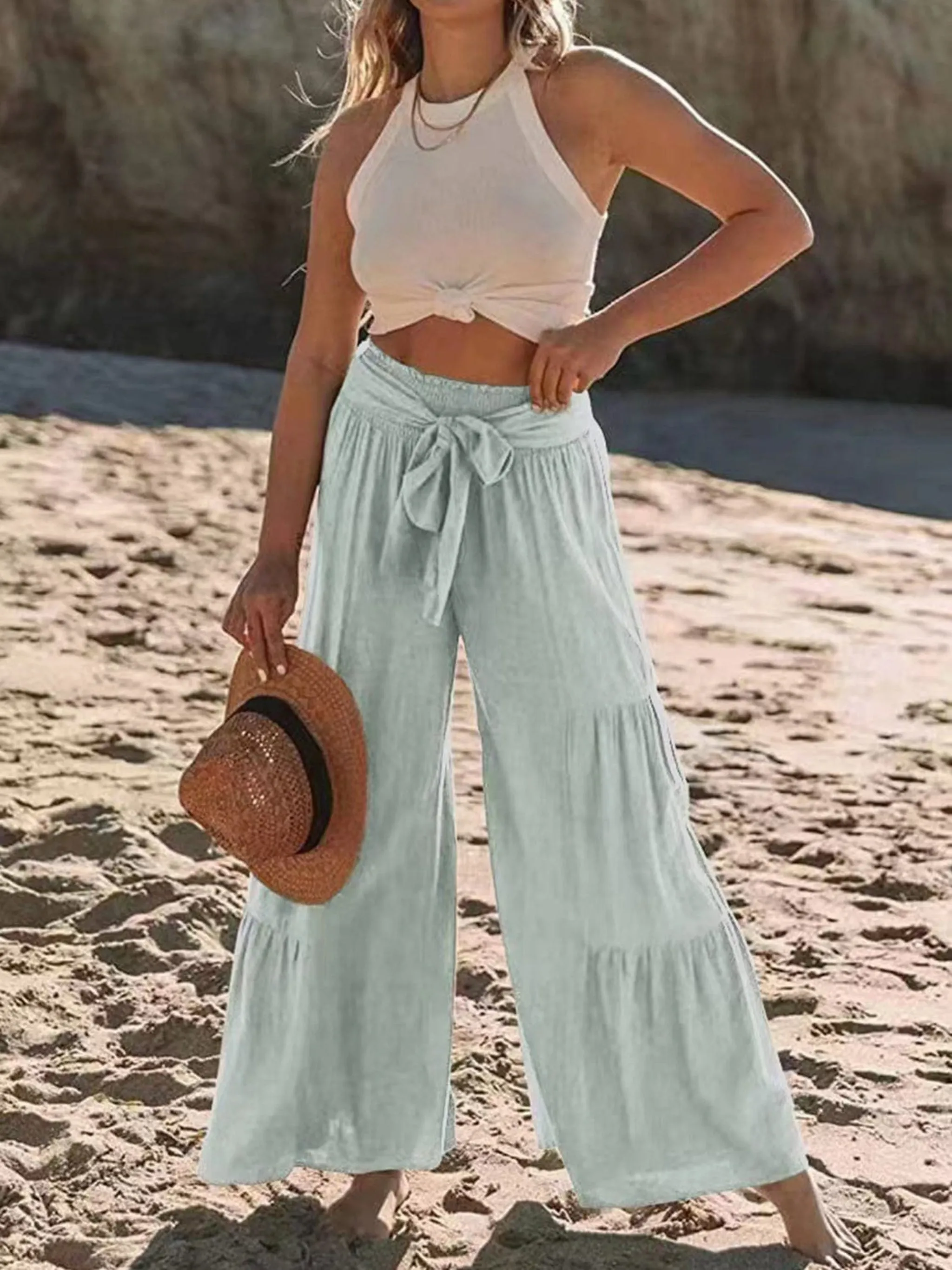 GYPSY - Tied Ruched Wide Leg Pants