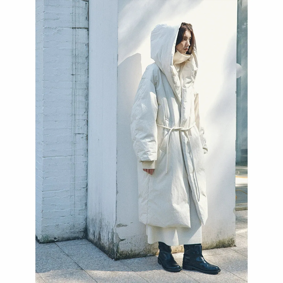Hooded Belted Down Coat