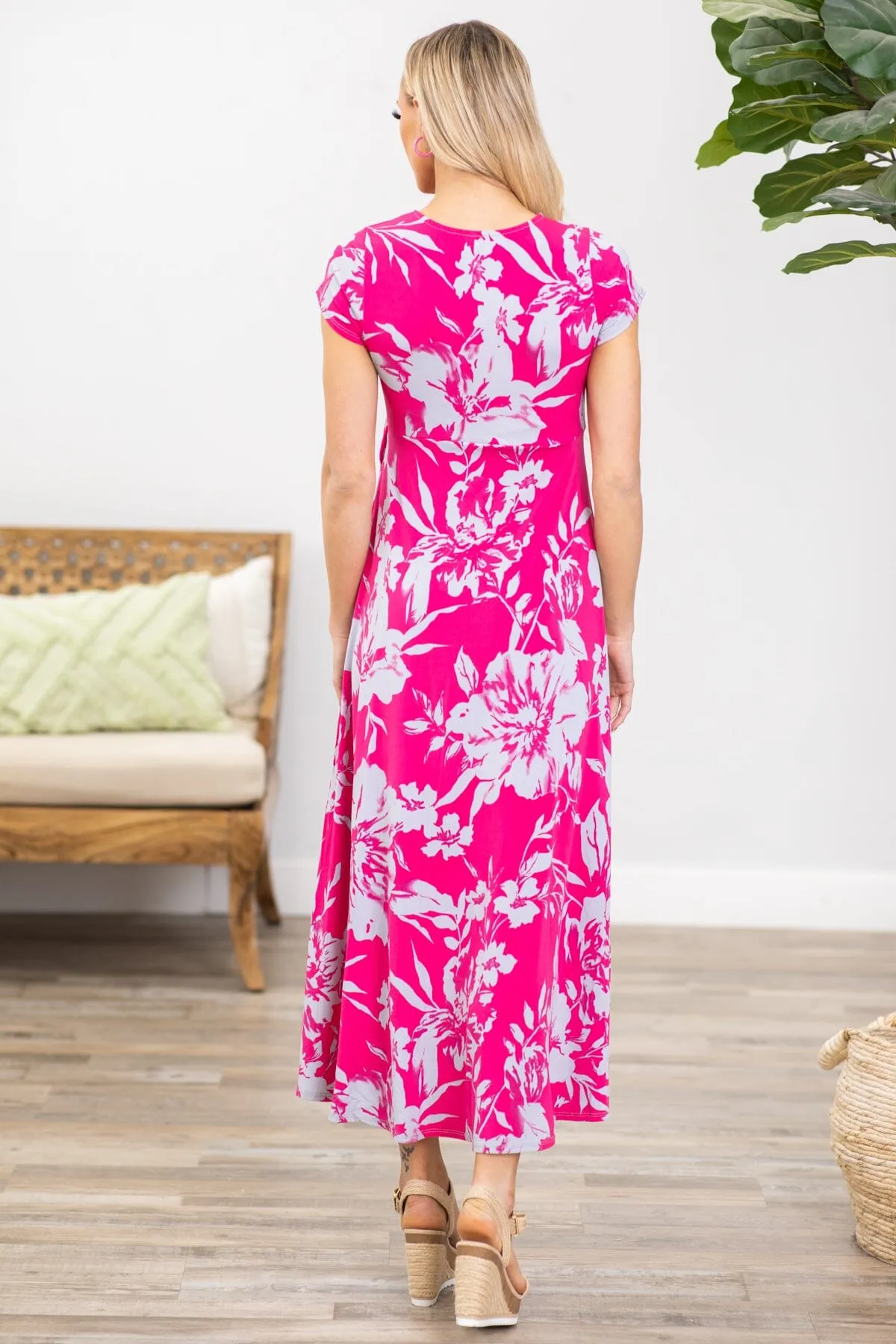 Hot Pink and Grey Floral Print Maxi Dress