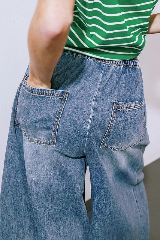 Indigo Washed Wide-Leg Denim Pants