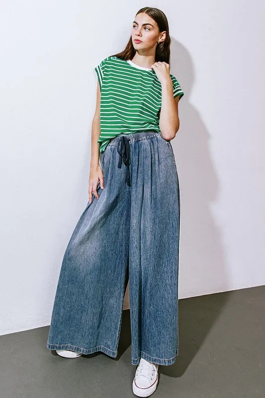 Indigo Washed Wide-Leg Denim Pants