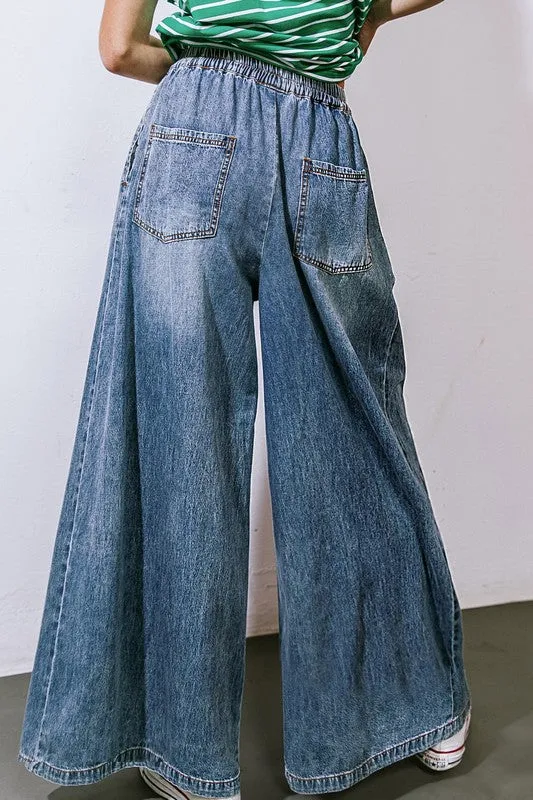 Indigo Washed Wide-Leg Denim Pants