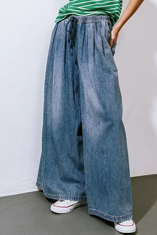 Indigo Washed Wide-Leg Denim Pants