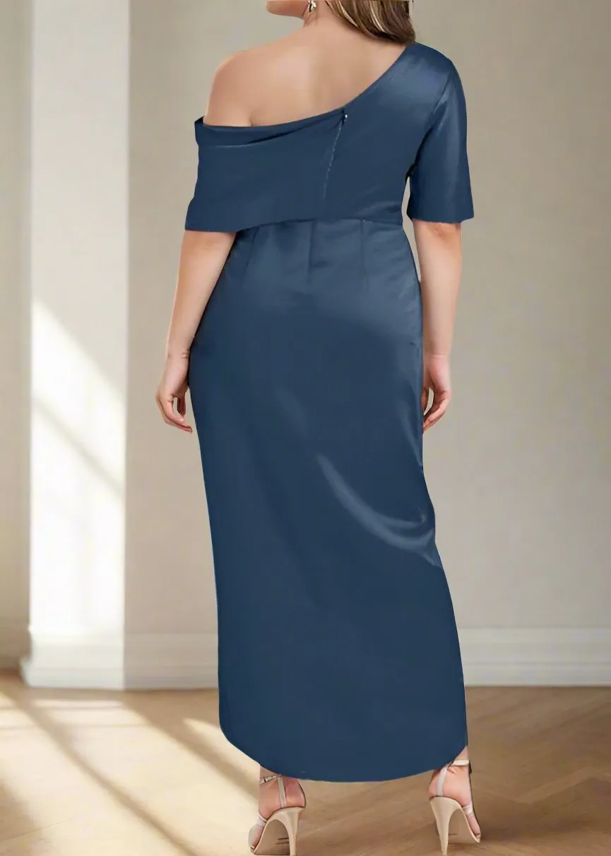 Ink Blue One Shoulder Short Sleeves Asymmetrical Mother of The Bride Dresses