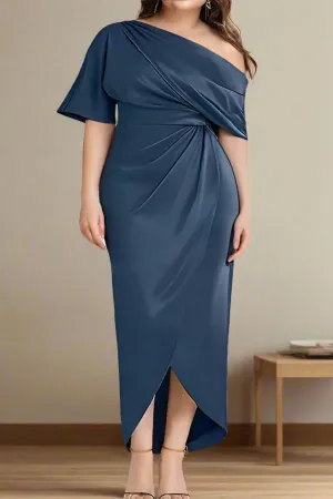 Ink Blue One Shoulder Short Sleeves Asymmetrical Mother of The Bride Dresses